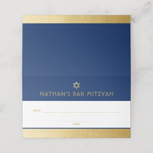 Bar Mitzvah Blue Gold Modern gevouwen Plaatskaartje (Buitenkant ongevouwen)