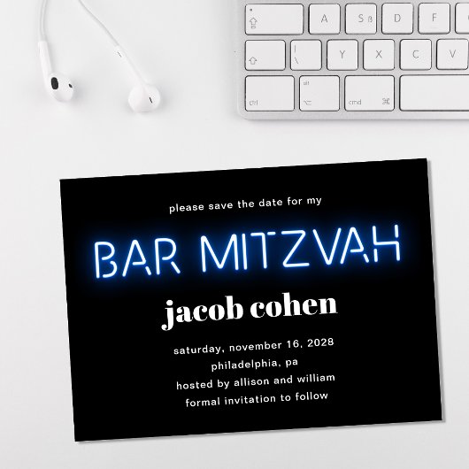Bar Mitzvah Blue Neon licht de datum op Kaart
