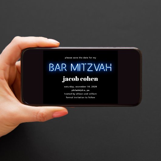 Bar Mitzvah Blue Neon licht de datum op Kaart