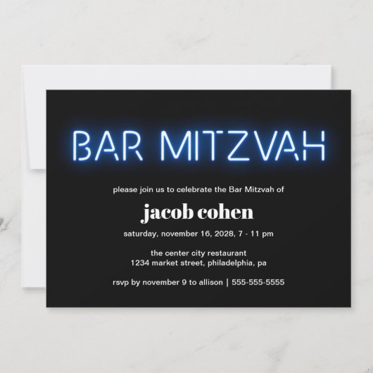 Bar Mitzvah Blue Neon Lights Kaart (Voorkant)