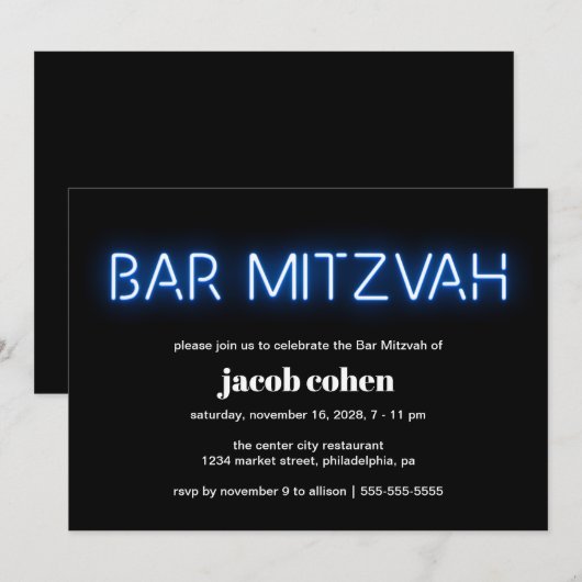 Bar Mitzvah Blue Neon Lights Kaart (Voorkant / Achterkant)