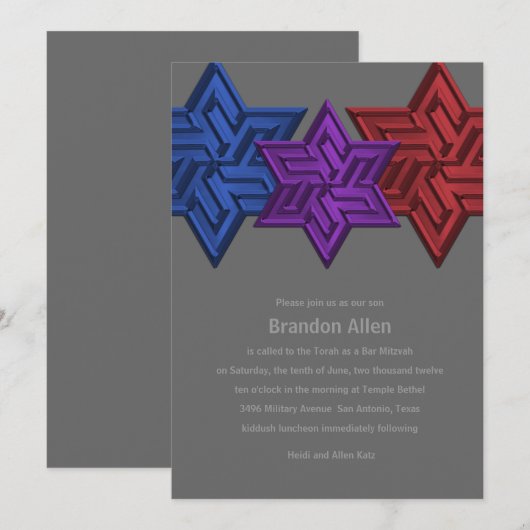 Bar Mitzvah Blue Paars en Red Star van David Kaart (Voorkant / Achterkant)