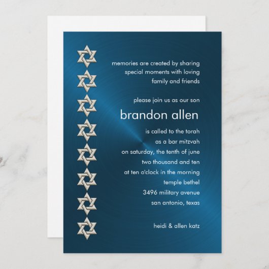 Bar Mitzvah Blue Sheen Silver Stars van David Kaart (Voorkant / Achterkant)