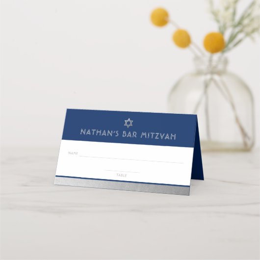 Bar Mitzvah Blue Silver Modern Folded Place Card Plaatskaartje (Voorkant)