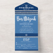 Bar Mitzvah Blue Silver Tallit Bold Modern Script All In One Uitnodiging (Binnen)
