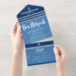 Bar Mitzvah Blue Silver Tallit Bold Modern Script All In One Uitnodiging<br><div class="desc">Wees trots, verheug je en laat deze mijlpaal van je favoriete Bar Mitzvah zien! Stuur deze coole, unieke, moderne, aangepaste all-in-one uitnodiging voor een evenement om te onthouden. Vet, wit script typografie, Star of David en een navy blauw en faux zilver glitter gestreepte tallit geïnspireerde grafische overlay een eenvoudige, korenbloem...</div>