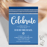 Bar Mitzvah Blue Silver Tallit Bold Modern Script Informatiekaartje<br><div class="desc">Wees trots, blij en toon deze mijlpaal van je favoriete Bar Mitzvah! Omvat dit koele, unieke, moderne, gepersonaliseerde tussenvoegsel voor extra informatie aan uw gebeurtenis. Vet, wit script typografie, Star of David en een blauw en zilver glitter gestript, geïnspireerd grafisch deklaag op een eenvoudige, blauwe achtergrond van cornflower. Pas de...</div>