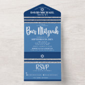 Bar Mitzvah Blue Silver Tallit Modern Bold Script All In One Uitnodiging (Binnen)