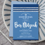 Bar Mitzvah Blue Silver Tallit Modern Bold Script Kaart<br><div class="desc">Wees trots, blij en toon deze mijlpaal van je favoriete Bar Mitzvah! Verstuur deze coole, unieke, moderne, gepersonaliseerde uitnodiging voor een evenement om het te herinneren. Vet, wit script typografie, Star of David en een blauw en zilver glitter gestript, geïnspireerd grafisch deklaag op een eenvoudige, blauwe achtergrond van cornflower. Personaliseer...</div>