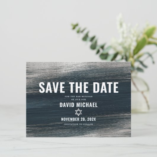 Bar Mitzvah Bold Modern Charcoal Gray Silver Foil Save The Date (Staand voorkant)