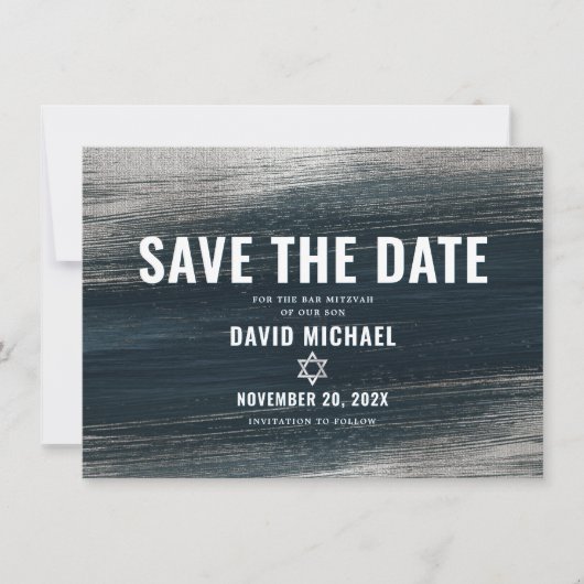 Bar Mitzvah Bold Modern Charcoal Gray Silver Foil Save The Date (Voorkant)