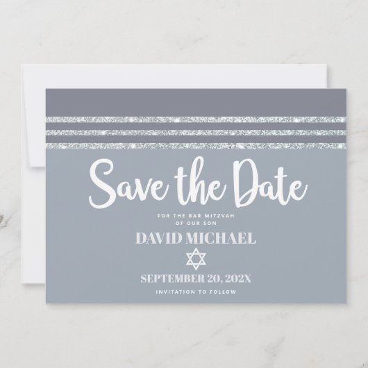 Bar Mitzvah Bold Modern Grijs Zilver Tallit Script Save The Date (Voorkant)