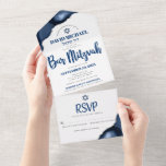 Bar Mitzvah Bold Modern Navy Blue Agate Script All In One Uitnodiging<br><div class="desc">Wees trots, blij en toon deze mijlpaal van je favoriete Bar Mitzvah! Verzend uit deze koele, unieke, moderne, douane alle-in-één uitnodiging voor een gebeurtenis om te herinneren. Blauwe blauw script voor de marine en Star van David bedekking eenvoudig, witte achtergrond met stalen blauw agate geaccentueerd met faux zilveren aderen. Dit...</div>