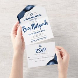 Bar Mitzvah Bold Modern Navy Blue Agate Script All In One Uitnodiging