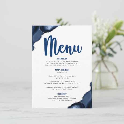 Bar Mitzvah Bold Modern Navy Blue Agate Script Menu (Staand voorkant)