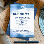 Bar Mitzvah Bold Modern Navy Typografie Blue Folie Kaart<br><div class="desc">Wees trots, blij en toon deze mijlpaal van je favoriete Bar Mitzvah! Verstuur deze coole, unieke, moderne, gepersonaliseerde uitnodiging voor een evenement om het te herinneren. Metallic lichtblauwe penseelstreken, samen met een vette, marinesblauwe typografie en ster van David, bedekken een eenvoudige, witte achtergrond. Personaliseer de douanetekst met de naam van...</div>