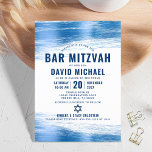 Bar Mitzvah Bold Modern Navy Typografie Blue Folie Kaart<br><div class="desc">Wees trots, blij en toon deze mijlpaal van je favoriete Bar Mitzvah! Verstuur deze coole, unieke, moderne, gepersonaliseerde uitnodiging voor een evenement om het te herinneren. Metallic lichtblauwe penseelstreken, samen met een vette, marinesblauwe typografie en ster van David, bedekken een eenvoudige, witte achtergrond. Pas de douanetekst met de naam, de...</div>