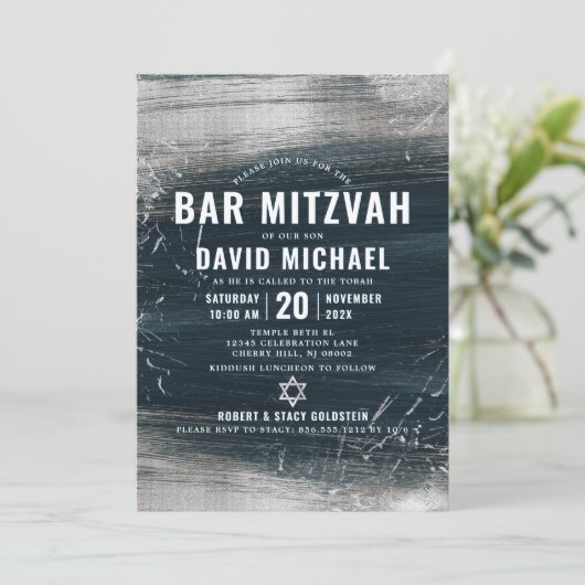 Bar Mitzvah Bold Modern Silver Foil Charcoal Gray Kaart (Staand voorkant)