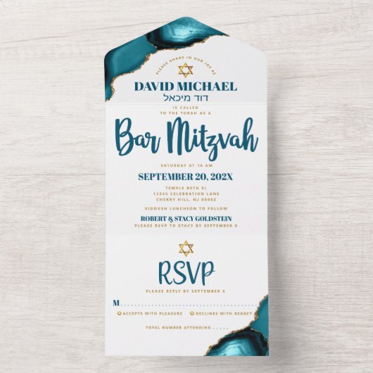 Bar Mitzvah Bold Modern Turquoise Agate Script All In One Uitnodiging (Binnen)