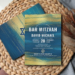 Bar Mitzvah Bold Modern Turquoise Type Gold Foil Kaart<br><div class="desc">Wees trots, blij en toon deze mijlpaal van je favoriete Bar Mitzvah! Verstuur deze coole, unieke, moderne, gepersonaliseerde uitnodiging voor een evenement om het te herinneren. Metallic gouden folieslijpstrepen en Star van David, samen met vettige witte typografie, bedekken een rijke, turkooisblauwe ombre verfachtergrond. Pas de douanetekst met de naam, de...</div>
