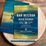 Bar Mitzvah Bold Modern Type Turquoise Real Gold Folie Uitnodiging<br><div class="desc">Wees trots, blij en toon deze mijlpaal van je favoriete Bar Mitzvah! Verstuur deze coole, unieke, moderne, gepersonaliseerde uitnodiging voor een evenement om het te herinneren. Vette, echte gouden folie typografie en ster van David overlay faux metallic goudborstelslagen en een rijke, turkooisblauwe ombre verfachtergrond. Pas de douanetekst met de naam,...</div>