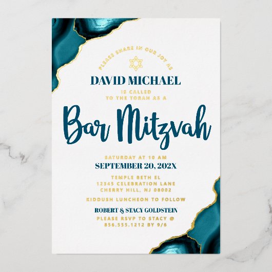 Bar Mitzvah Bold Turquoise Agate Script Real Gold Folie Uitnodiging (Voorkant)