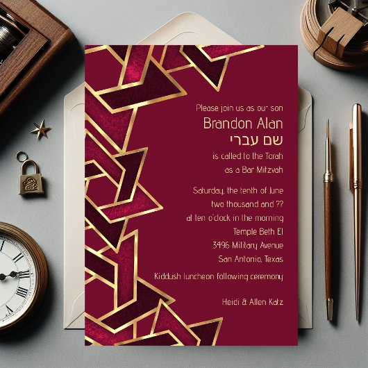 Bar Mitzvah Burgundy Red Gold Star van David Kaart