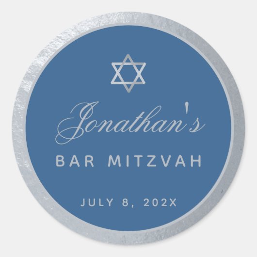 Bar Mitzvah Classic Blue Faux Silver Grey Script Ronde Sticker (Voorkant)