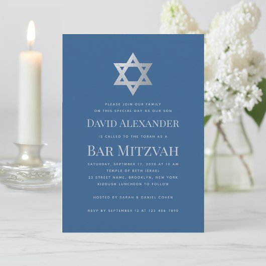Bar Mitzvah Classic Blue Faux Silver Star of David Kaart