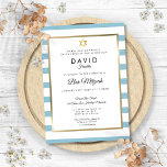 Bar Mitzvah Classic Blue Stripe Gold Kaart<br><div class="desc">Met een klassieke zwarte en witte stripe achtergrond,  kenmerkt deze elegante Bar Mitzvah uitnodiging een elegante faux goudfolie grens die uw details in de chemische typografie worden geplaatst vormt. Ontworpen door: Thisnotme©</div>