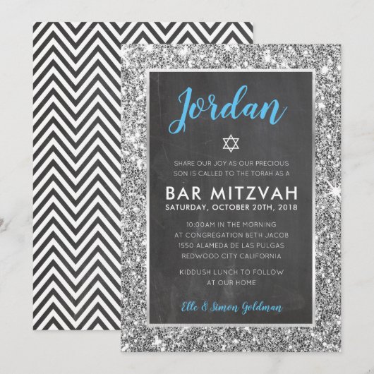 BAR MITZVAH cool krijtbord zilver glitter uitnodig Kaart (Voorkant / Achterkant)