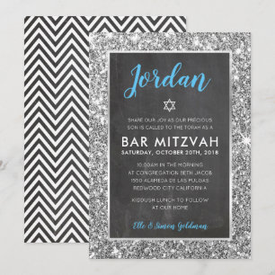 BAR MITZVAH cool krijtbord zilver glitter uitnodig Kaart