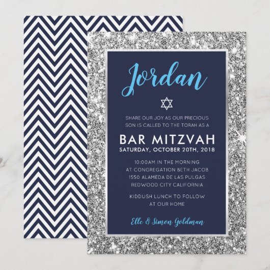 BAR MITZVAH cool tween marine blauw zilver uitnodi Kaart (Voorkant / Achterkant)