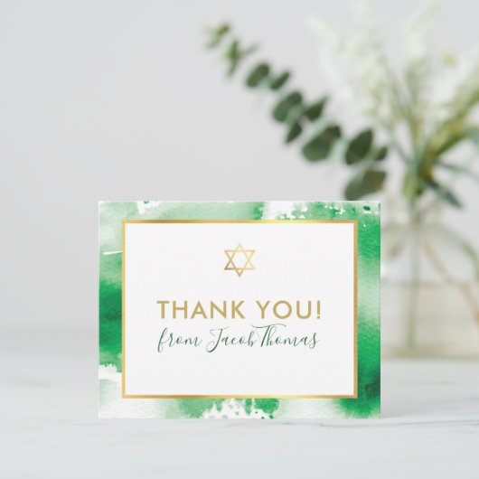 BAR MITZVAH dank u gouden ster groene waterverf Bedankkaart (Staand voorkant)