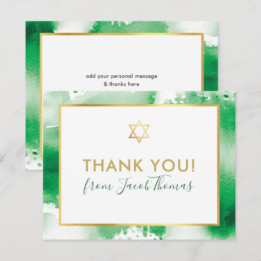 BAR MITZVAH dank u gouden ster groene waterverf Bedankkaart (Voorkant / Achterkant)