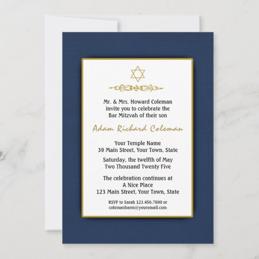 Bar Mitzvah Dark Blue en Gold Invitation Kaart (Voorkant)