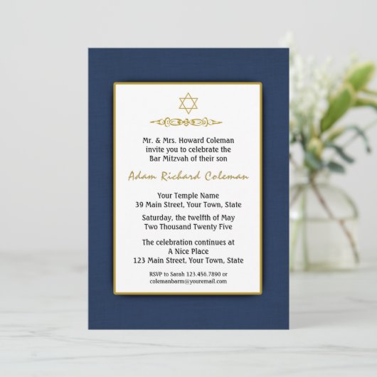 Bar Mitzvah Dark Blue en Gold Invitation Kaart (Staand voorkant)