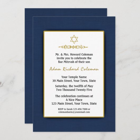 Bar Mitzvah Dark Blue en Gold Invitation Kaart (Voorkant / Achterkant)