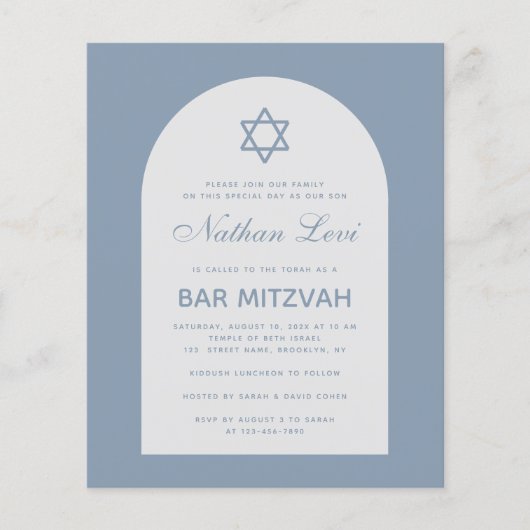 Bar Mitzvah Dusty Blue Arch Star Budget Uitnodigin (Voorkant)