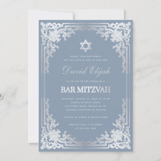 Bar Mitzvah Dusty Blue Faux Silver Elegant  Kaart (Voorkant)