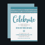Bar Mitzvah Eenvoudig Modern Bold Blauwgroen Zilve Informatiekaartje<br><div class="desc">Wees trots, verheug je en laat deze mijlpaal van je favoriete Bar Mitzvah zien! Voeg dit coole, unieke, moderne, gepersonaliseerde inlegvel toe voor extra informatie over uw evenement. Vet, stoffig blauwgroen blauw schrift typografie, Star of David en een stoffige blauwgroen blauw en zilveren glitter gestreepte tallit geïnspireerde grafische overlay op...</div>