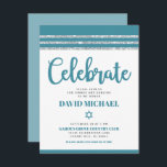 Bar Mitzvah Eenvoudig Modern Bold Blauwgroen Zilve Informatiekaartje<br><div class="desc">Wees trots, verheug je en laat deze mijlpaal van je favoriete Bar Mitzvah zien! Voeg dit coole, unieke, moderne, gepersonaliseerde inlegvel toe voor extra informatie over uw evenement. Vet, stoffig blauwgroen blauw schrift typografie, Star of David en een stoffige blauwgroen blauw en zilveren glitter gestreepte tallit geïnspireerde grafische overlay op...</div>