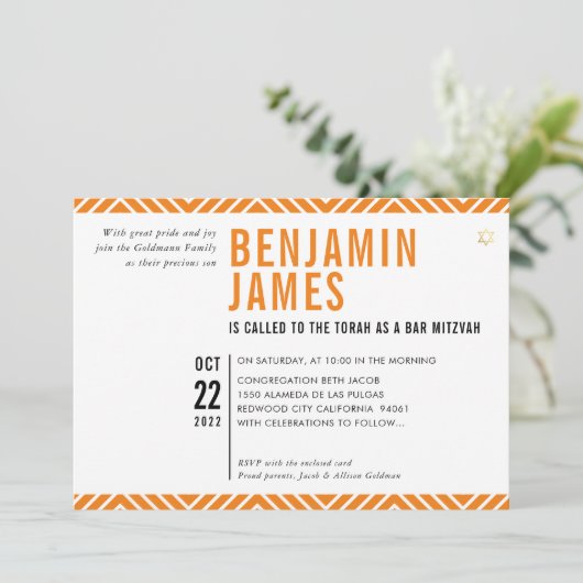 BAR MITZVAH eenvoudig modern zwart sinaasappel Uit Kaart (Staand voorkant)