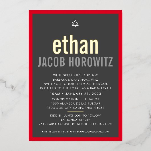 BAR MITZVAH eenvoudige ster moderne naam grijs roo Folie Uitnodiging (Voorkant)