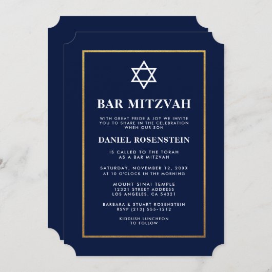Bar Mitzvah Elegant Blue en Gold Invitation Kaart (Voorkant / Achterkant)