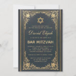 Bar Mitzvah  Elegant Gold Star Dark Blue Kaart<br><div class="desc">Deze elegante bar mitzvah-uitnodiging met een lucht heeft een gouden lijst met elegante barokvormige gouddecoraties op een donkerblauwe lederachtige achtergrond. De naam van de jongen wordt geschreven in een elegant kalligrafisch manuscript. Alle tekst kan gepersonaliseerd zijn en heeft een gouden kleur die lijkt op de gouden versieringen van het lijst....</div>