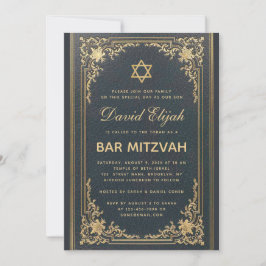Bar Mitzvah  Elegant Gold Star Dark Blue Kaart