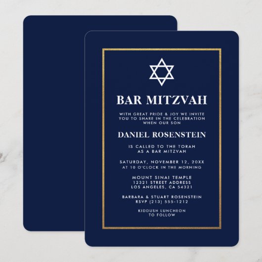 Bar Mitzvah Elegant Invitation Blue en Gold Kaart (Voorkant / Achterkant)