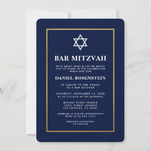 Bar Mitzvah Elegant Invitation Blue en Gold Kaart
