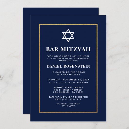 Bar Mitzvah Elegant Invitation Blue Gold Kaart (Voorkant / Achterkant)